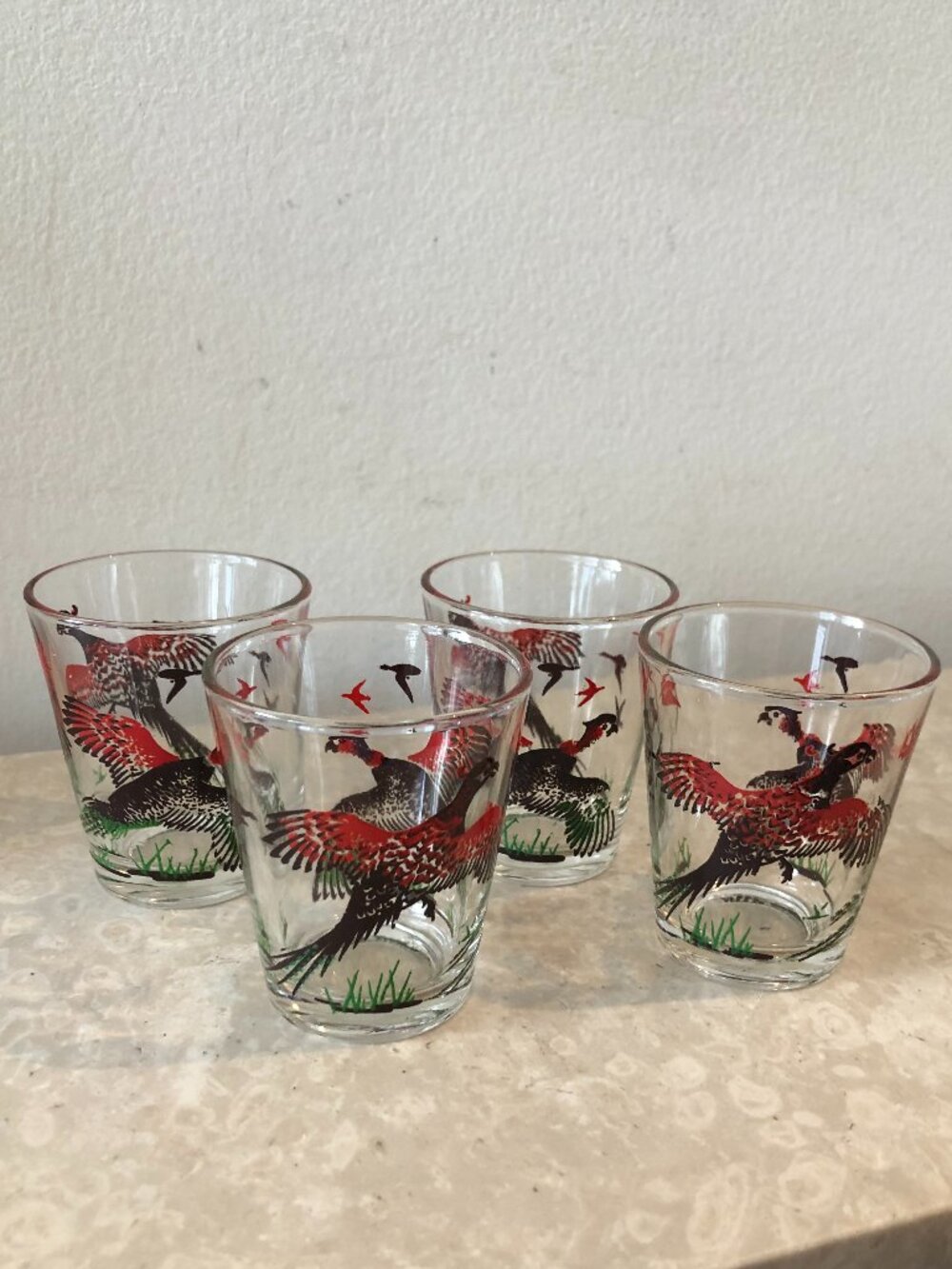 Vintage Hazel Atlas Pheasant Shot Glass‎ Game Bird Hunting Barware Set of4